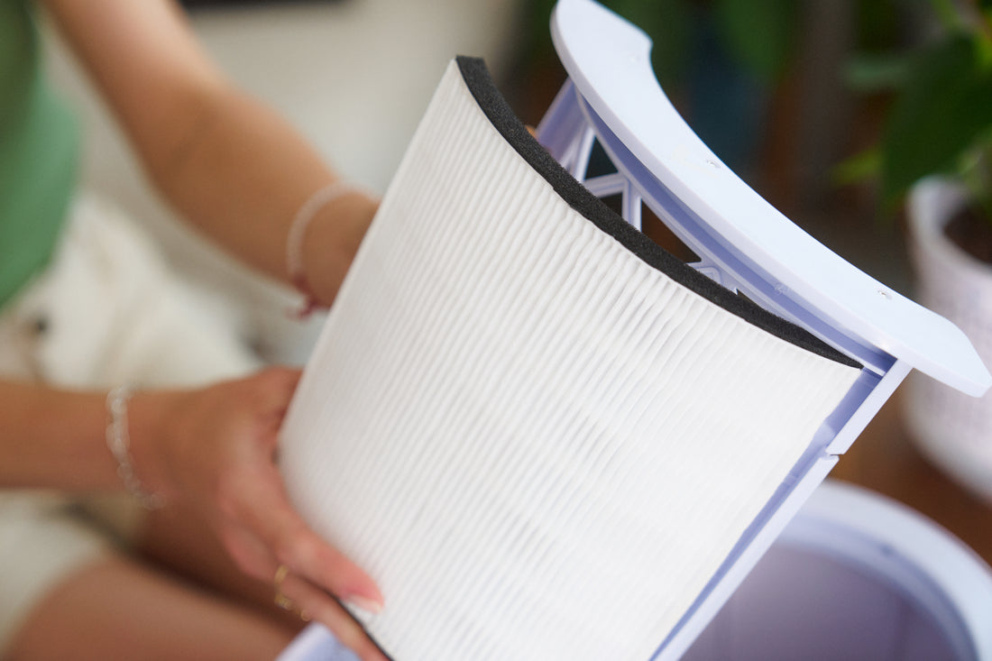 Woman expertly removing the washable Nano-Tech filter, highly efficient at capturing 98% of viruses, bacteria, and pollen, from the Verta air purifier.